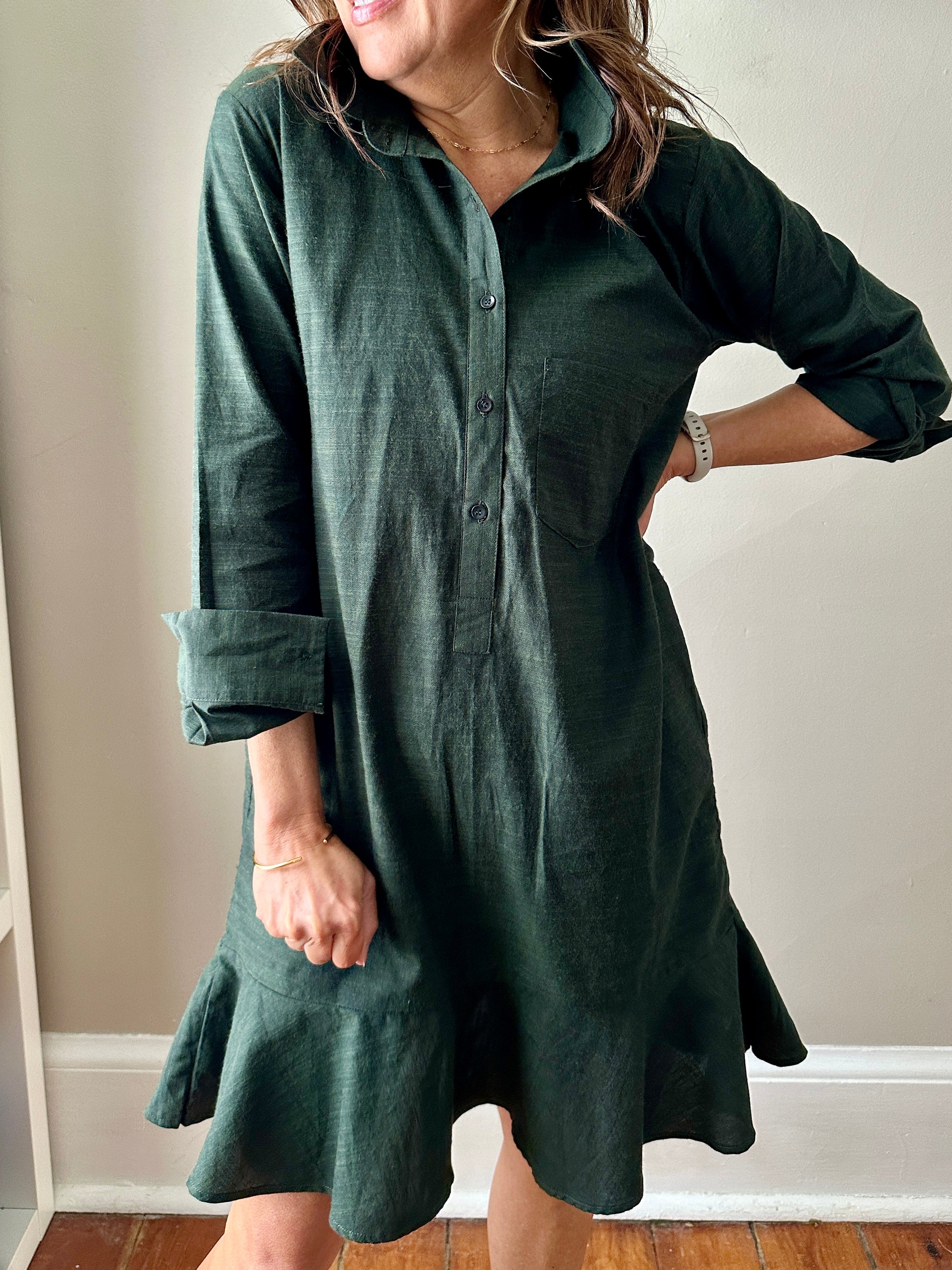 Linen Shirt Dress with Bottom Ruffle