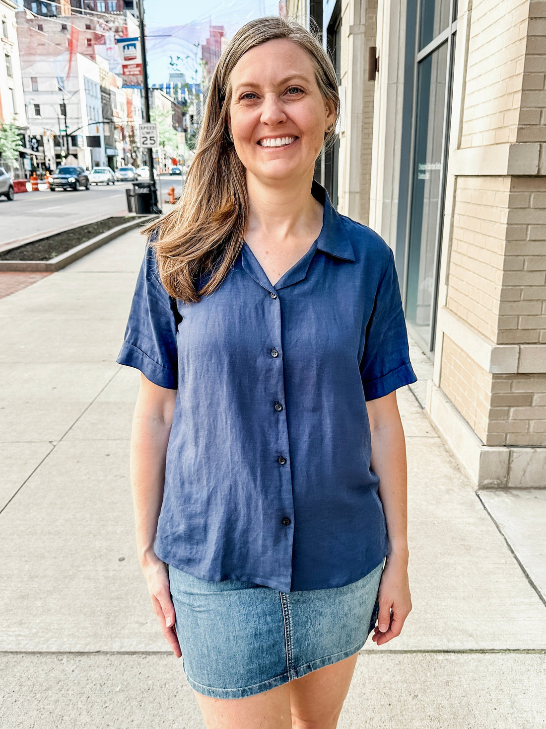 Open Collar V-Neck Button-up Blouse