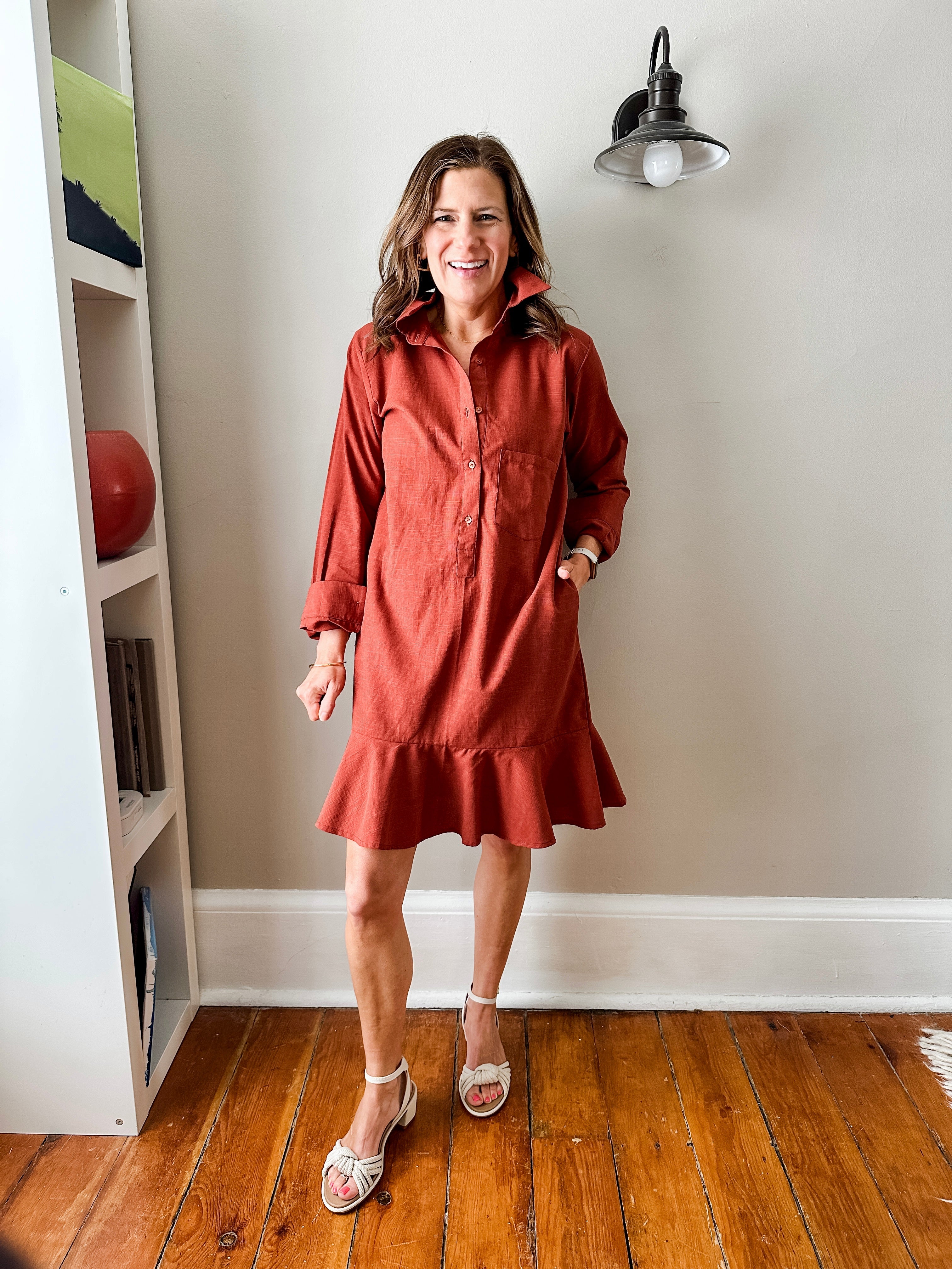 Linen Shirt Dress with Bottom Ruffle