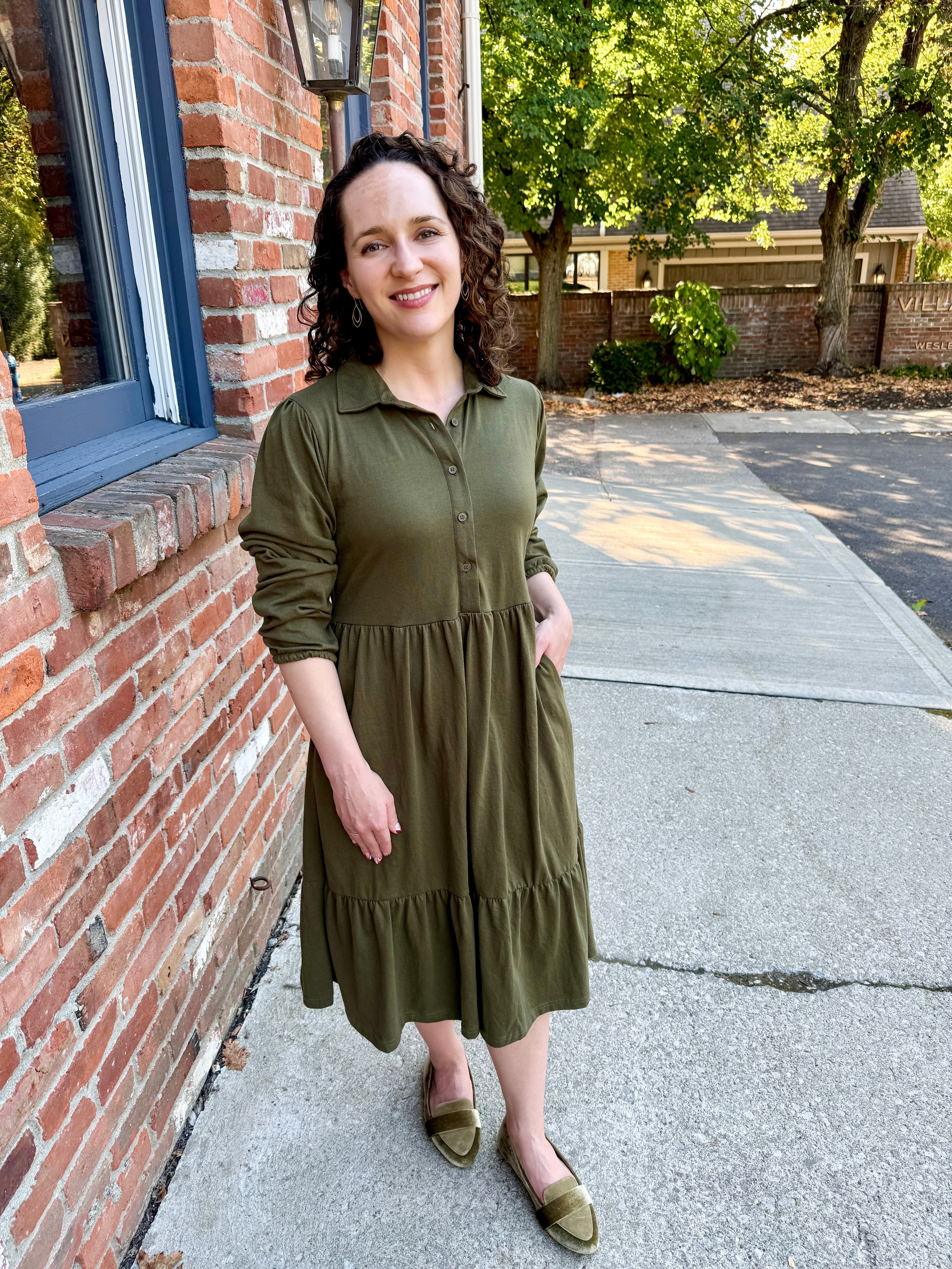 Tiered Knit Shirt Dress olive