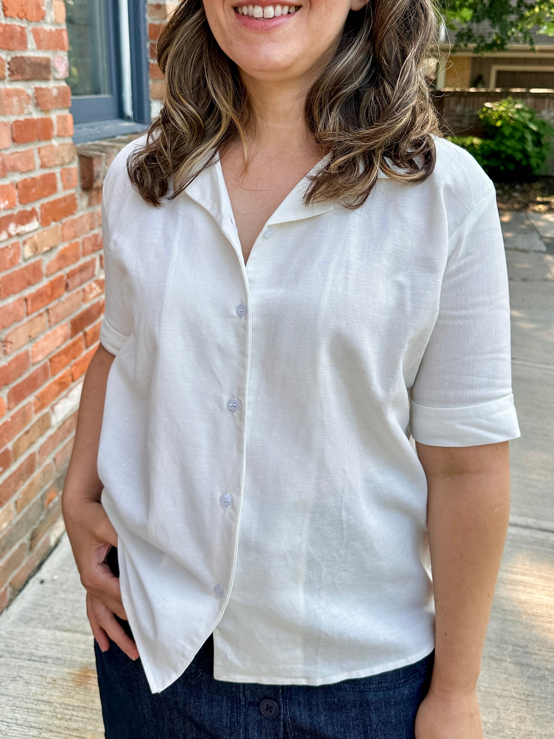 Open Collar V-Neck Button-up Blouse