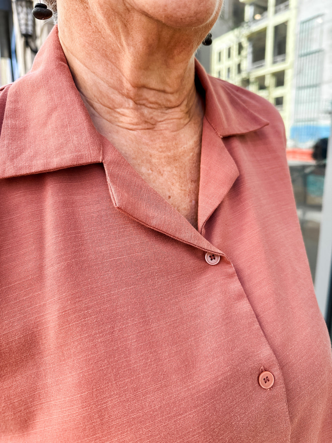 Open Collar V-Neck Button-up Blouse