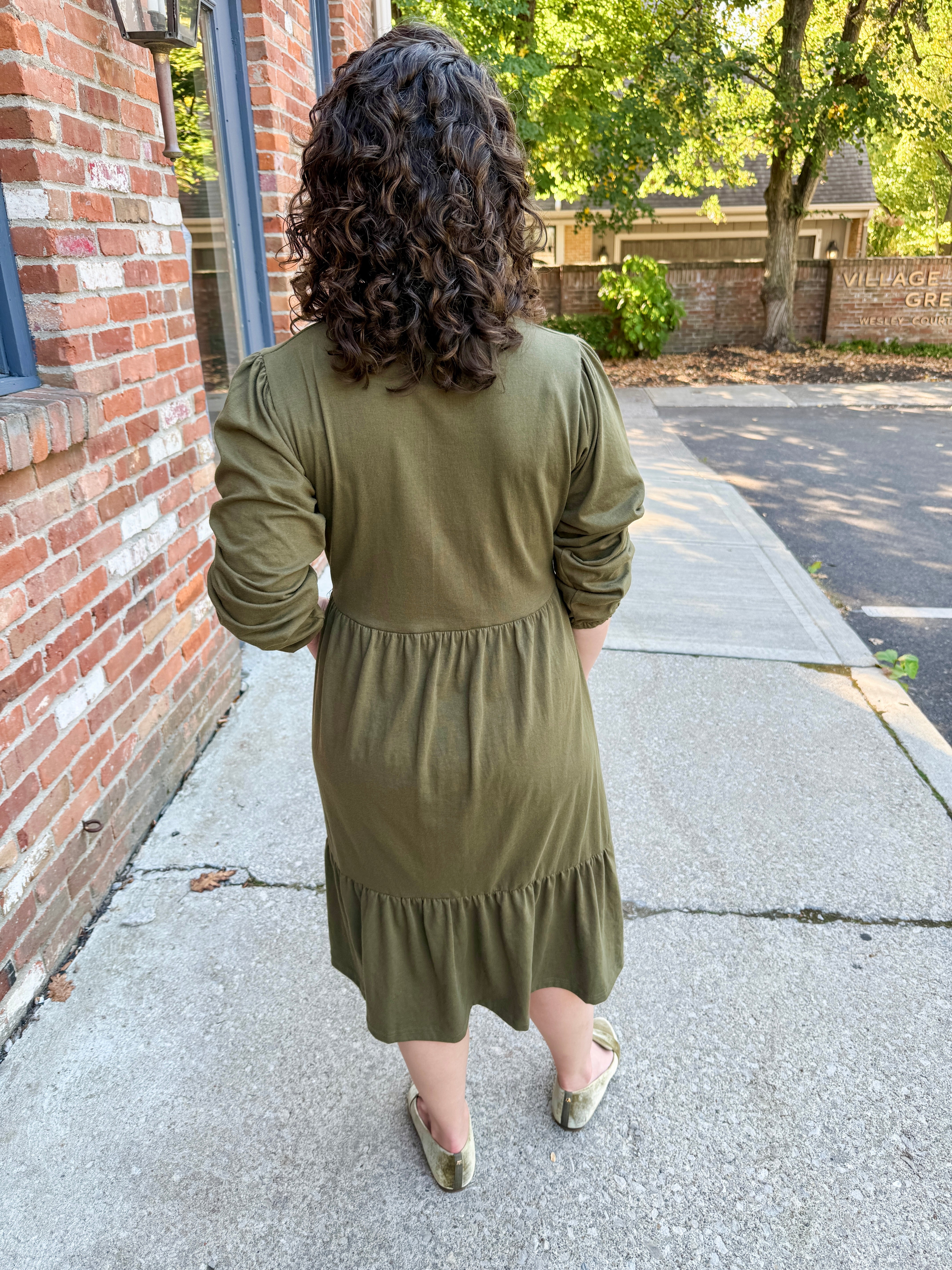Tiered Knit Shirt Dress olive