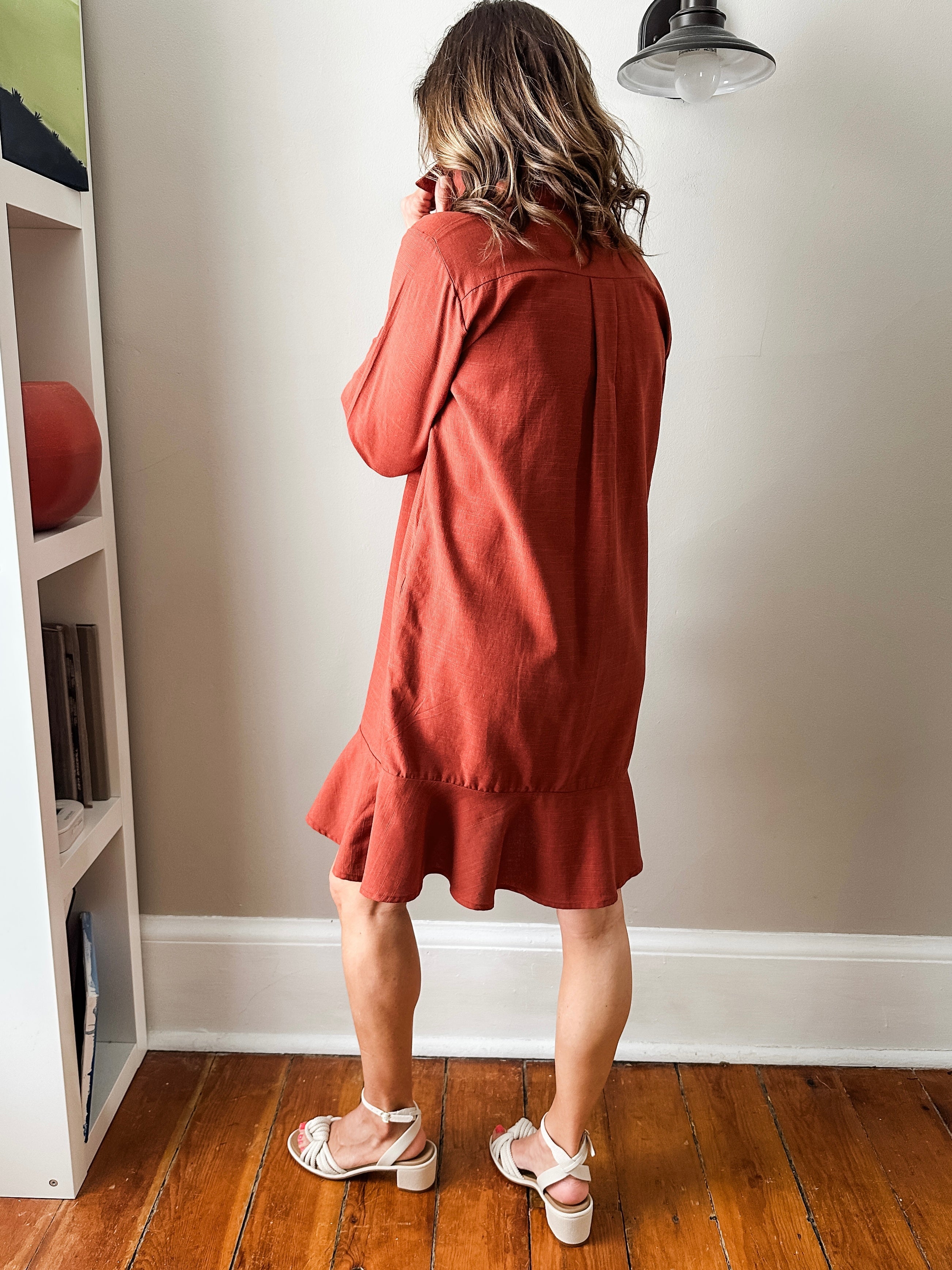 Linen Shirt Dress with Bottom Ruffle