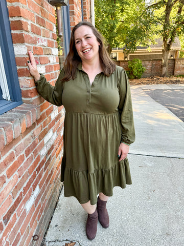 Tiered Knit Shirt Dress olive