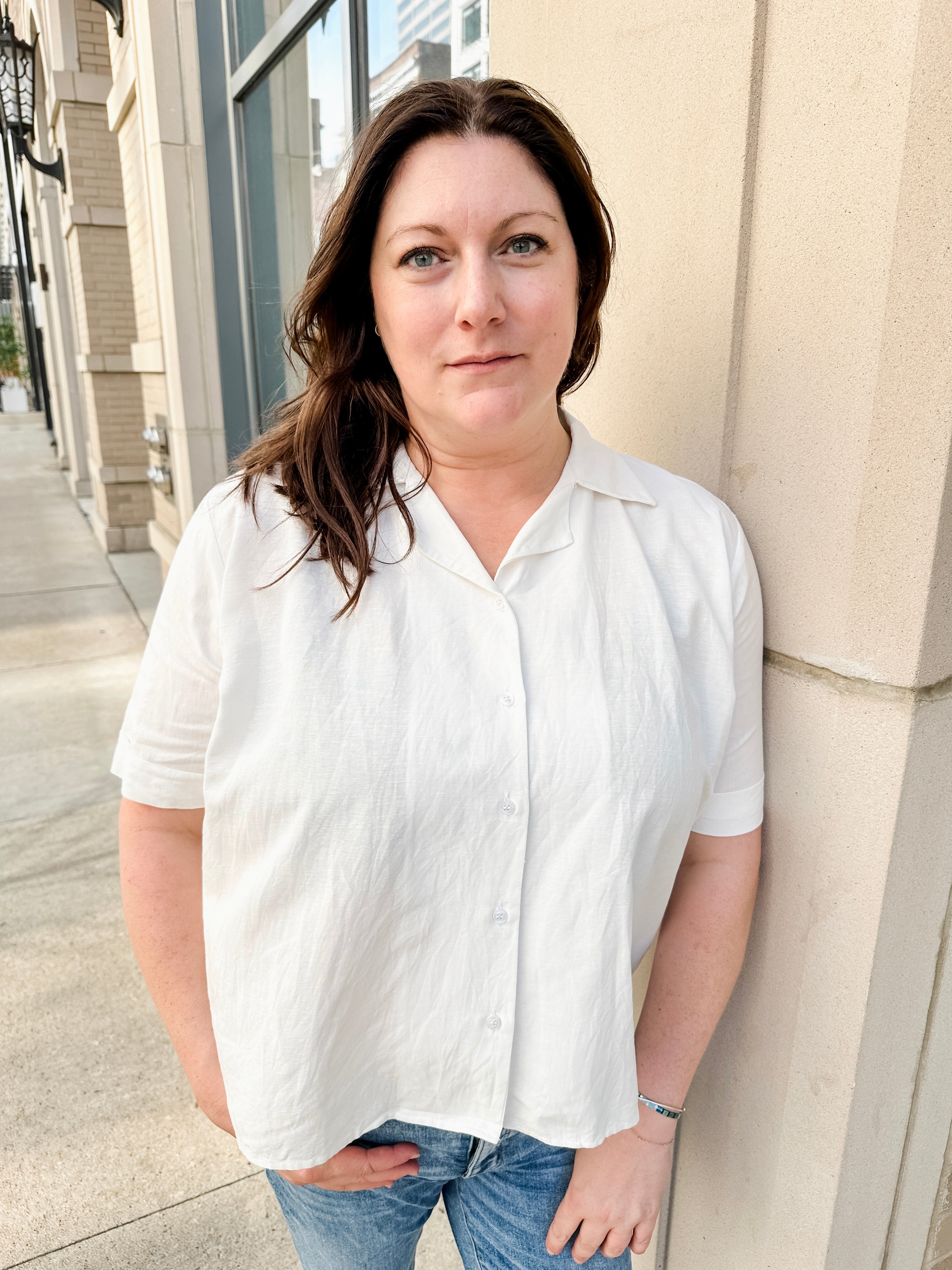 Open Collar V-Neck Button-up Blouse