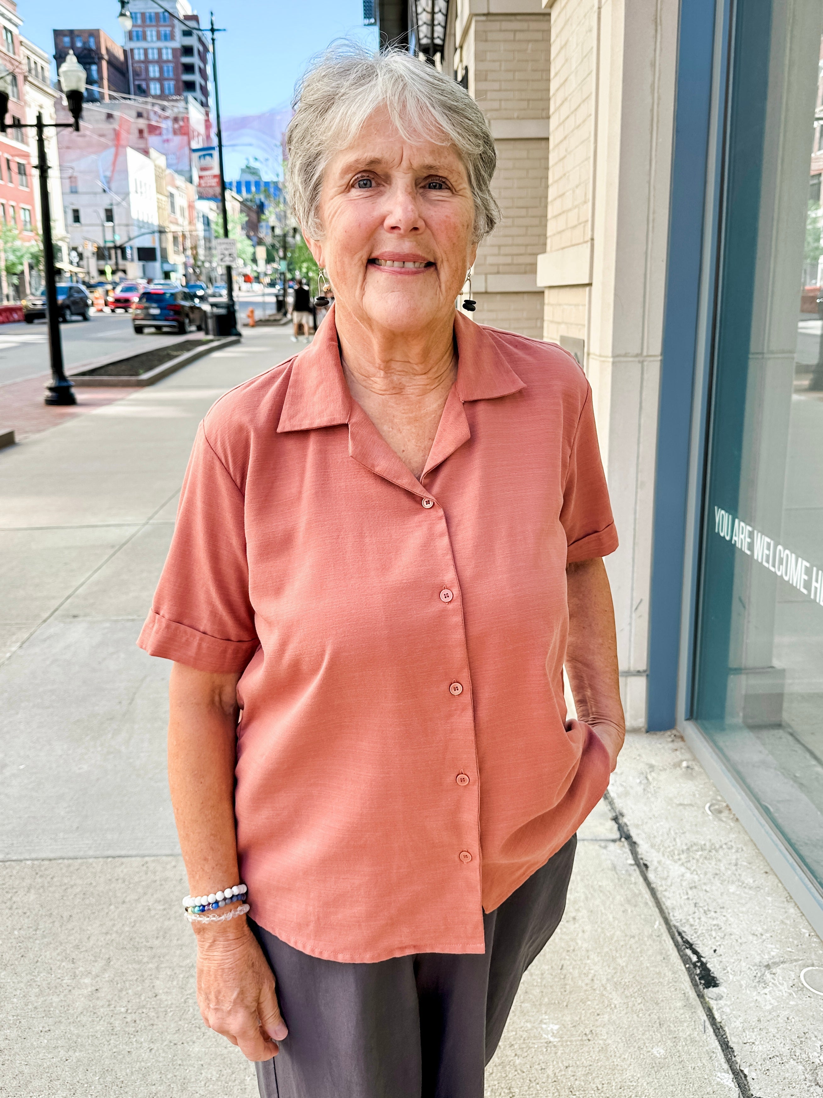 Open Collar V-Neck Button-up Blouse